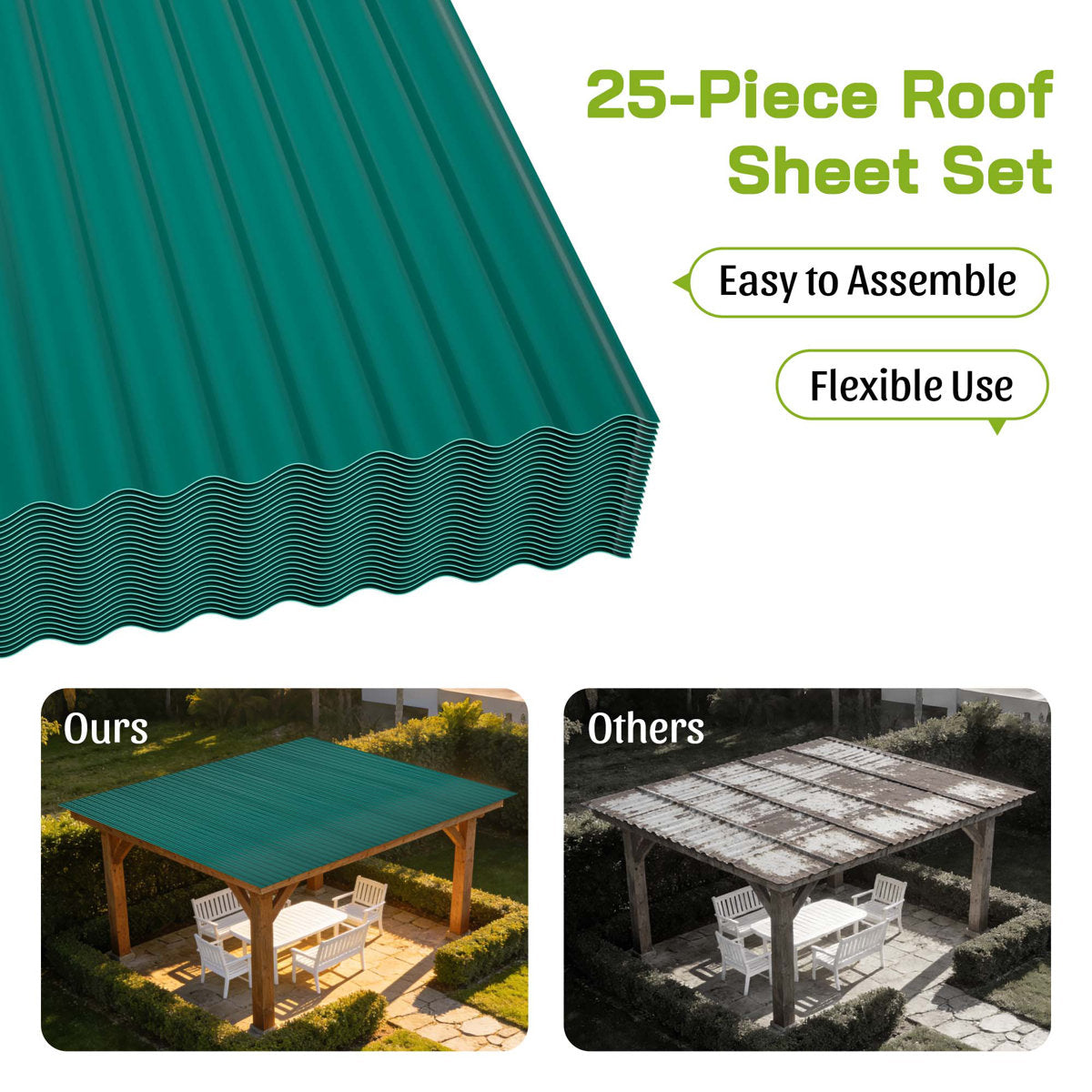 25 Pcs Plastic Roof Panels, 60.2" Corrugated Roofing Sheets with Steel Screws for Pergola, Gazebo, Shed, Patio, Garages,Green (Set of 25)